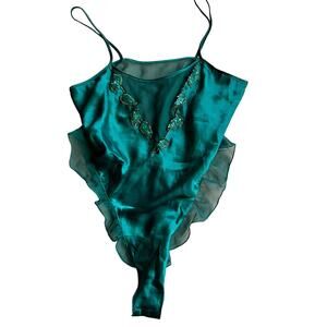 Vtg Victoria's Secret Emerald Sequin Polyester Gold Label Bodysuit EUC Sz Large